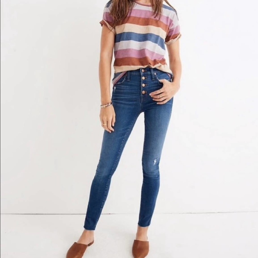 Madewell 10" High Rise Skinny Jeans Button Front Distressed Raw Hems Size 25 0